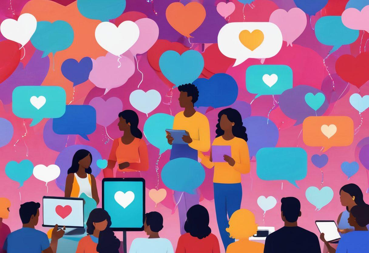 A dynamic online dating scene showcasing diverse singles from around the world engaging through various devices, with chat bubbles and hearts symbolizing connections. The background features a colorful digital landscape, embodying the essence of casual relationships and social interactions. Vibrant colors. 3D style. Playful and modern aesthetic.